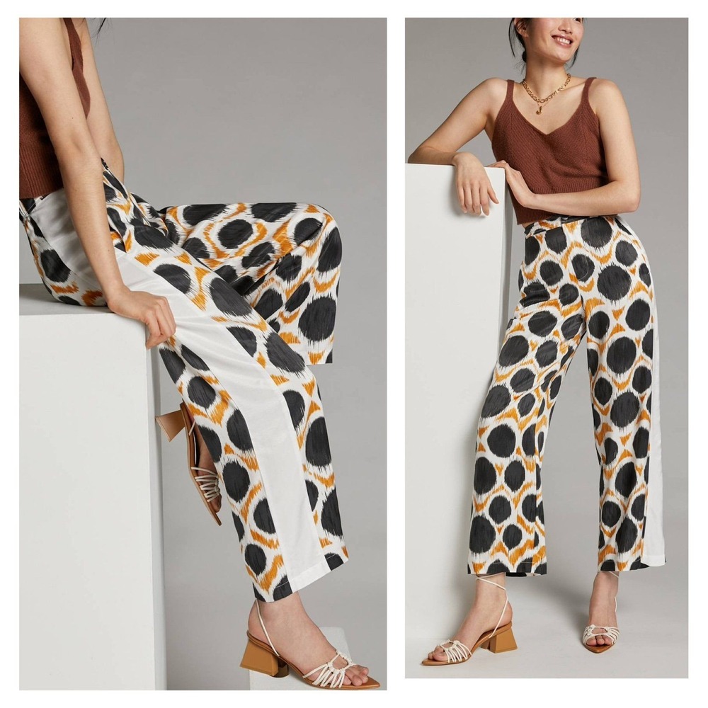 Anthropologie Maeve Wide Leg Printed Satin Pants - Brown/Black/White